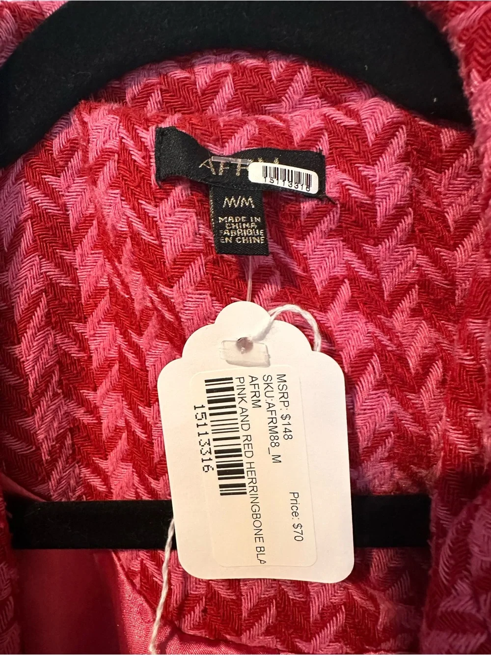 AFRM Pink and Red Herringbone Open-Front Blazer